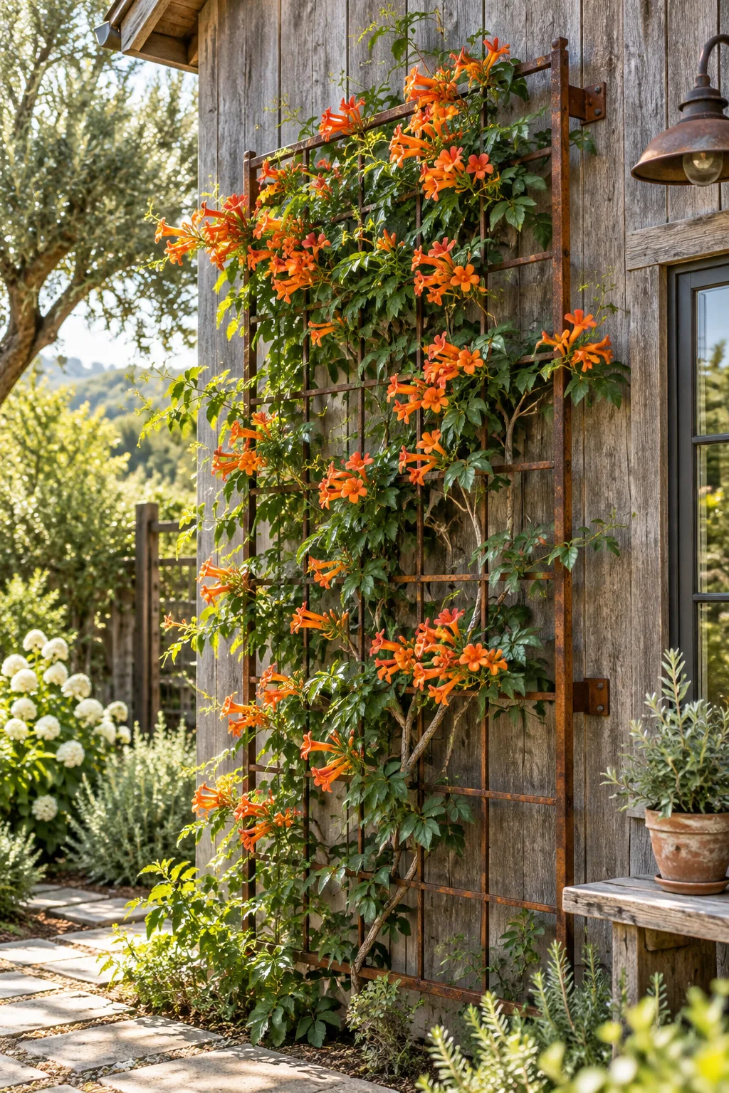 Rusty corten steel trellis on weathered wood siding with orange trumpet vines.