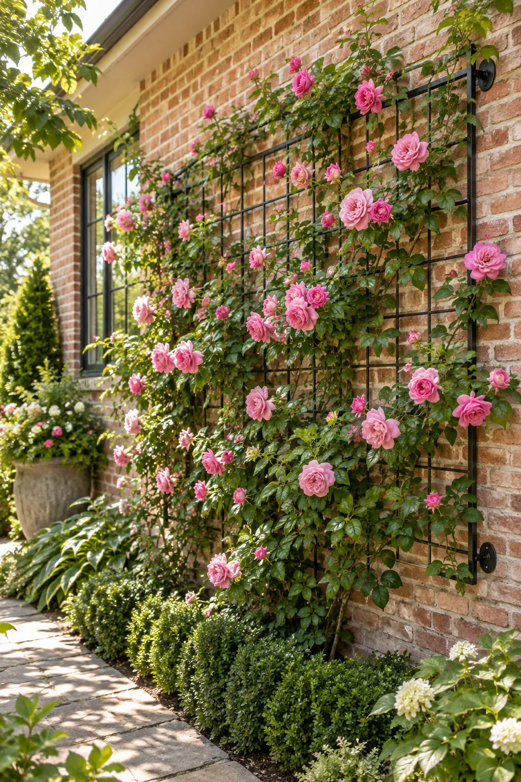 Close-up of heavy-duty masonry bolts securing a black metal trellis mount to a brick wall.