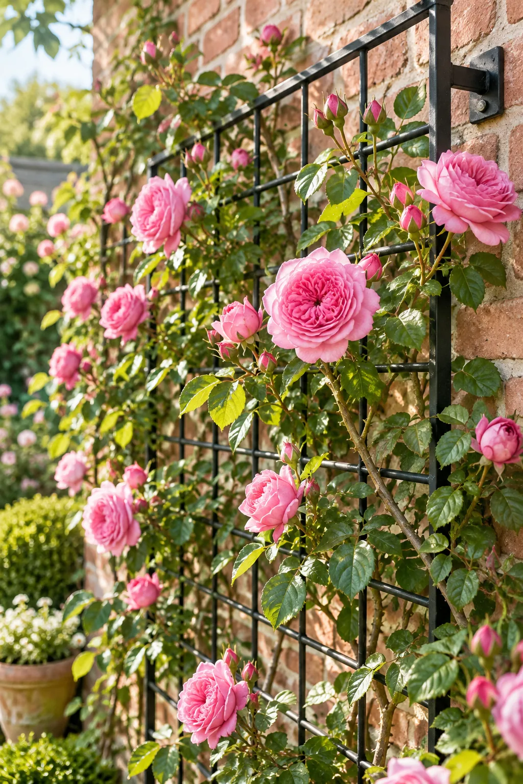 Upper section of a metal trellis showing the square grid pattern behind pink roses.