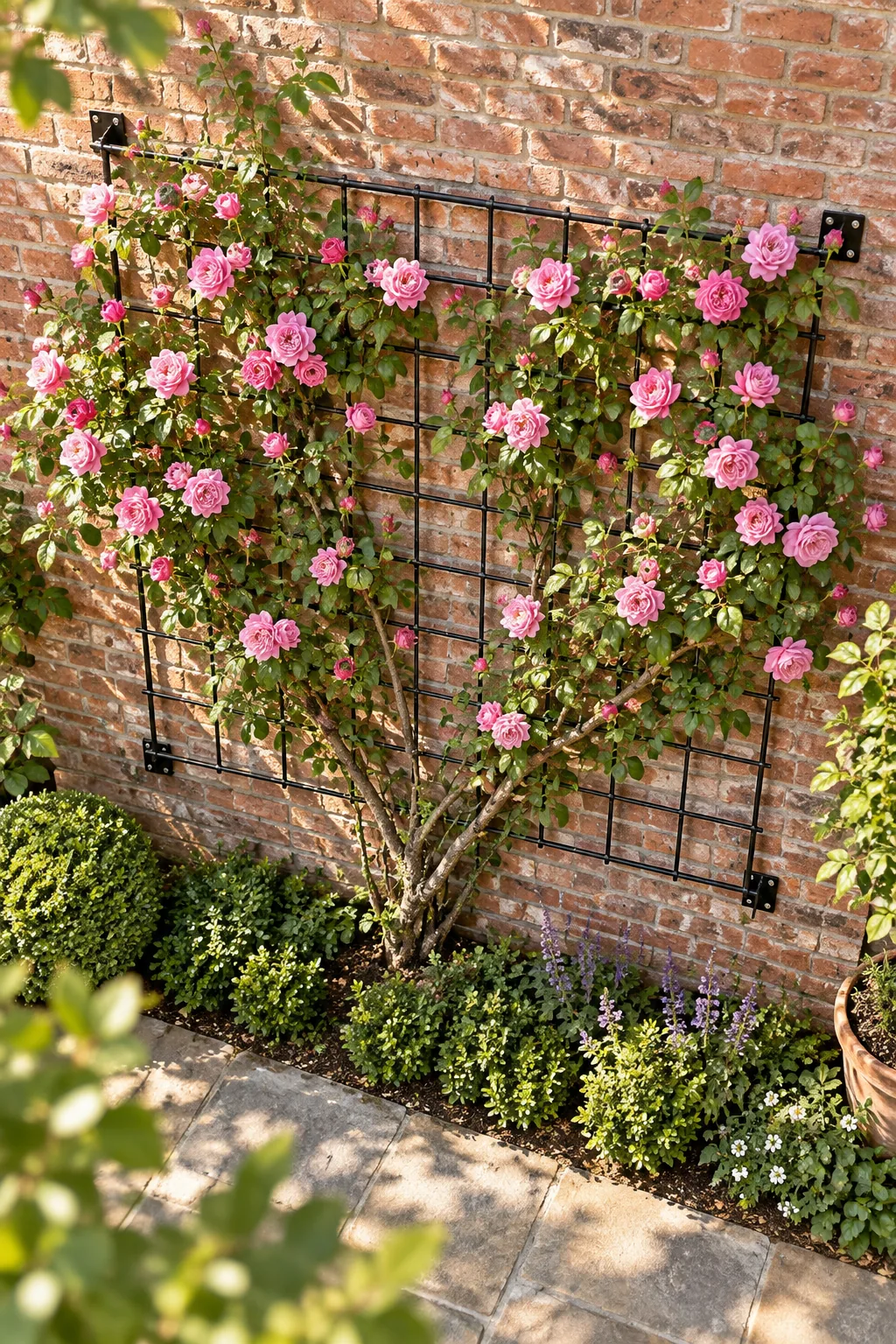 A thick rose cane secured to a black metal trellis with a soft green vinyl tie.
