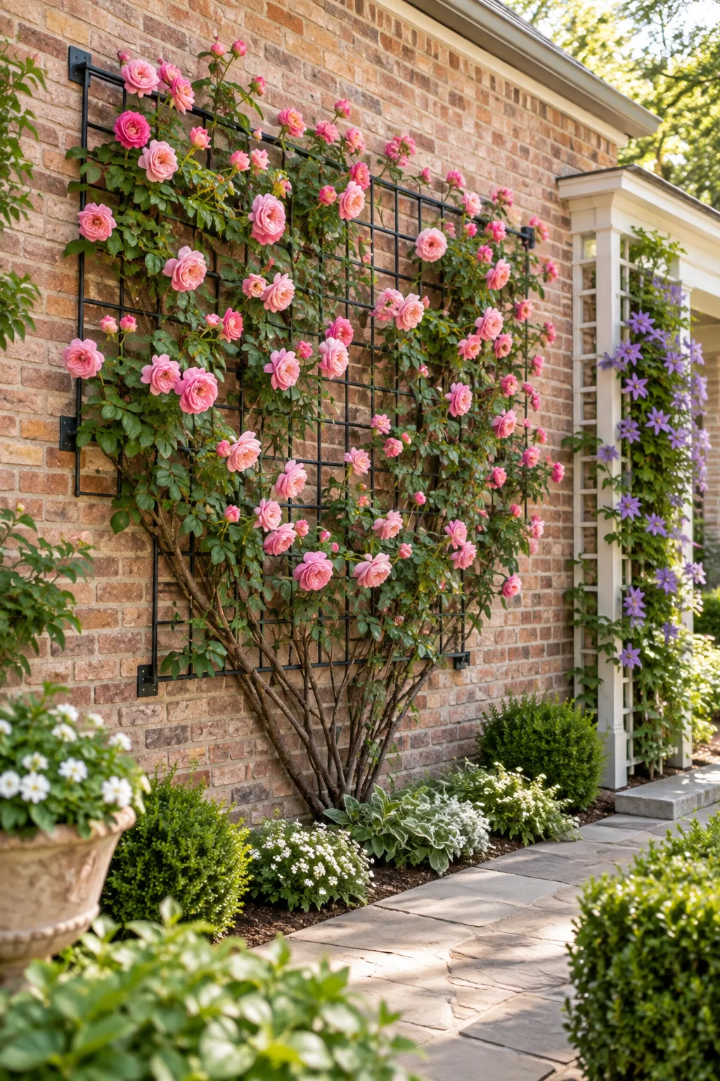 A full trellis showing rose canes trained in a wide V-shape for maximum blooming.