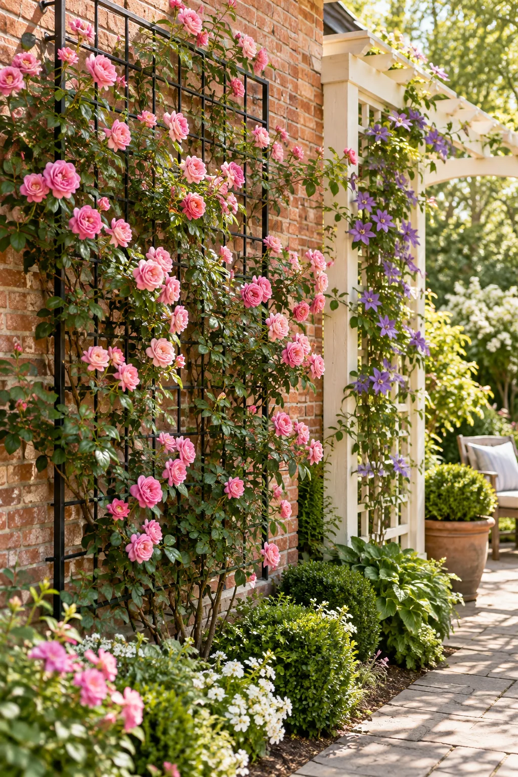 A garden scene showing a heavy rose trellis next to a lighter structure with delicate vines.