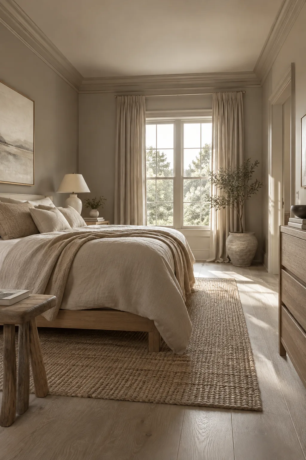 Bedroom with walls, baseboards, and window casings all painted in the same dark blue color