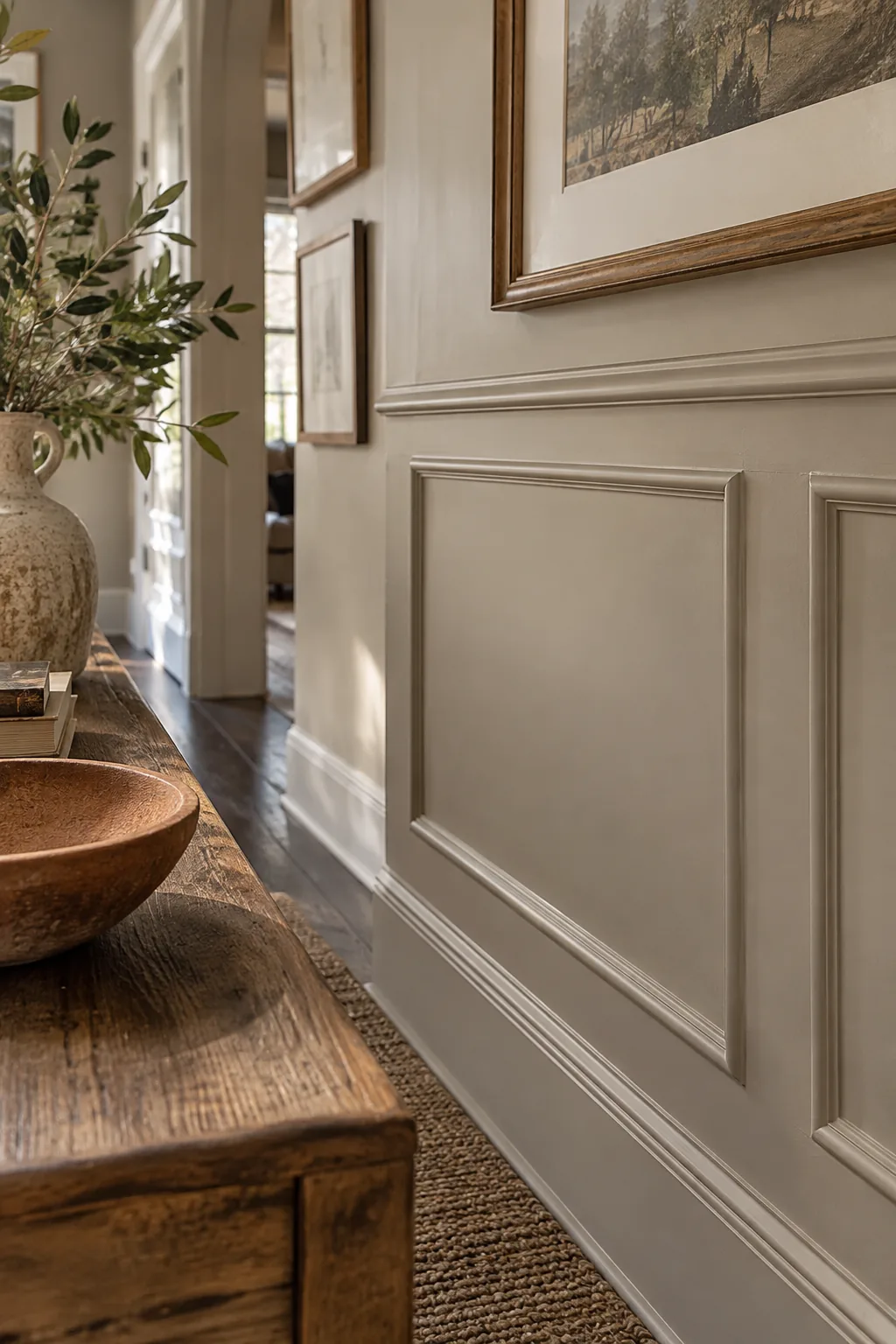 Hallway wall featuring elegant picture frame molding painted in a soft beige