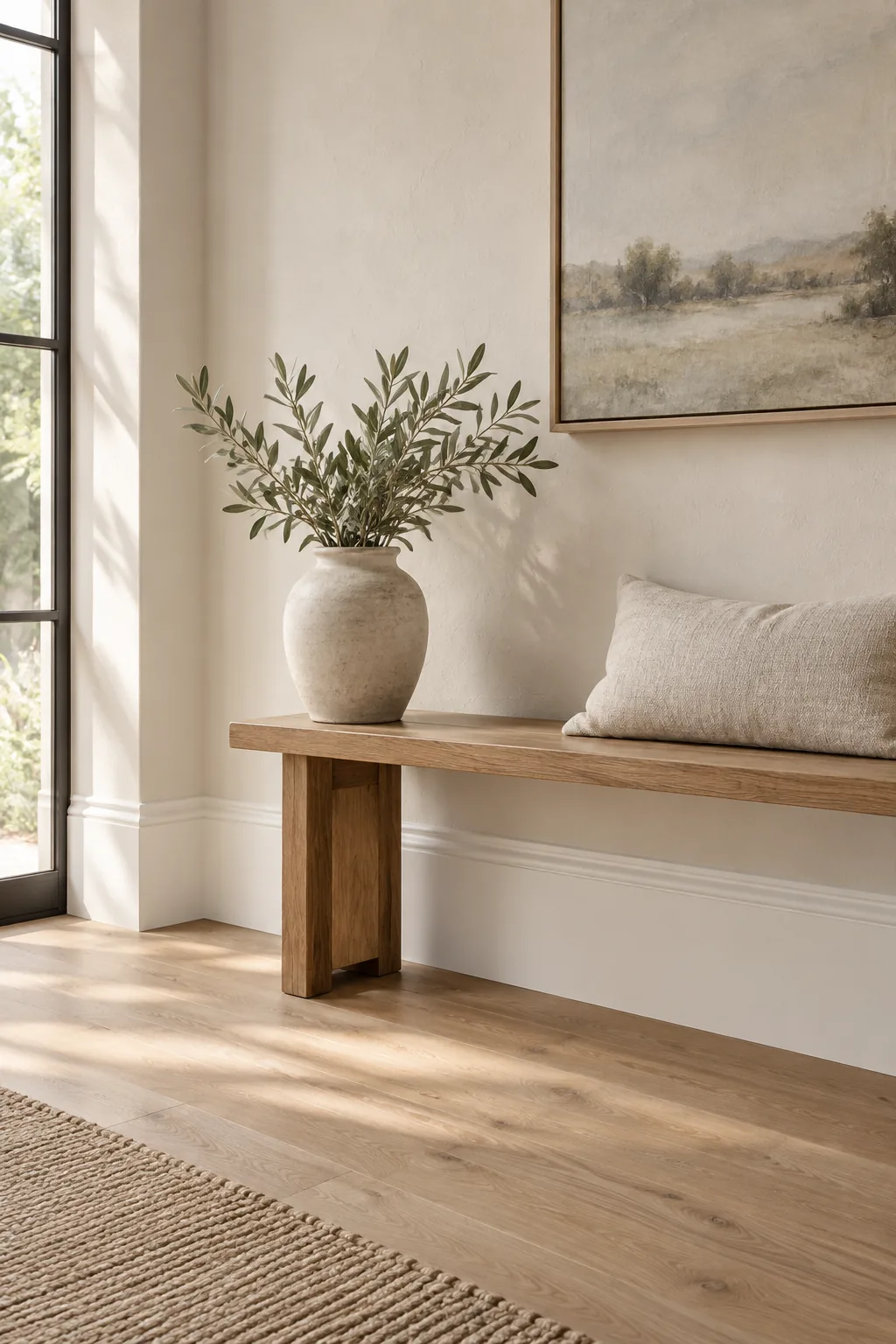 Modern living room featuring tall six-inch flat baseboards painted crisp white