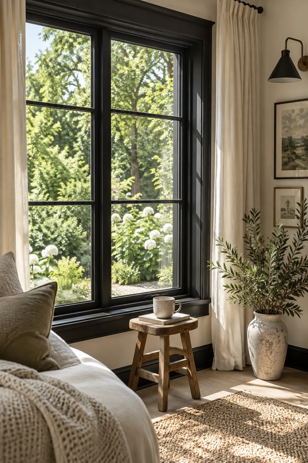 Living room with white walls and black painted window casings