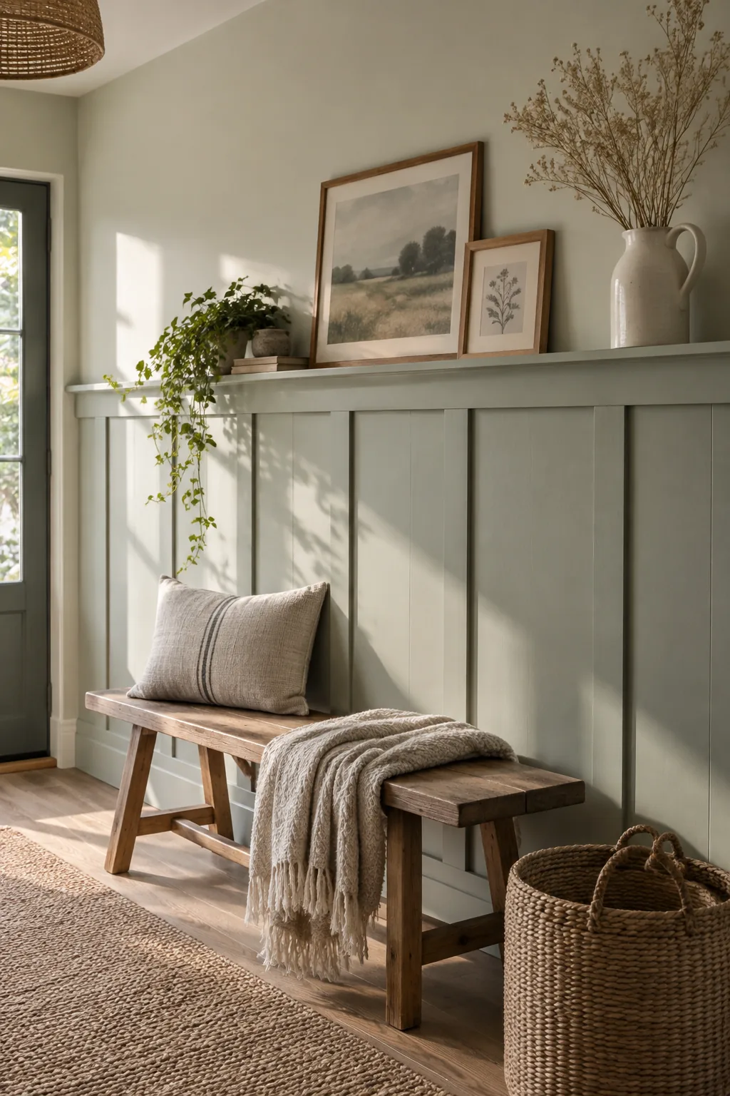 Dining room wall featuring tall board and batten trim with a picture ledge