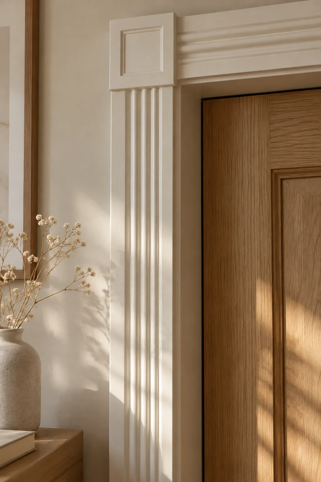 Interior doorway framed with white fluted trim and square corner blocks