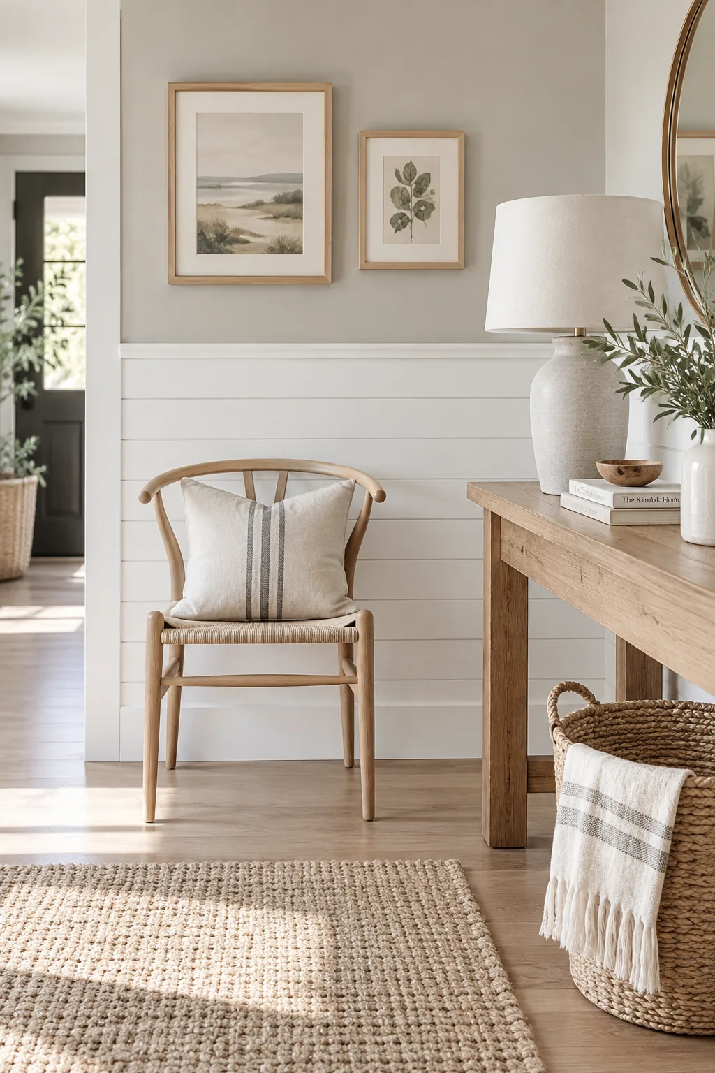 Bathroom with crisp white horizontal shiplap wainscoting on the lower half