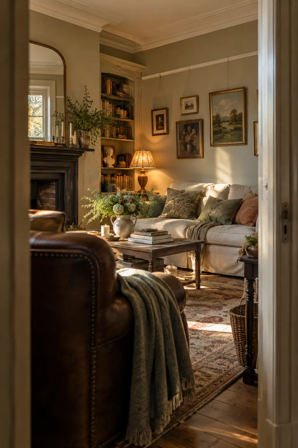 Living room ceiling corner showing crown molding layered above a picture rail