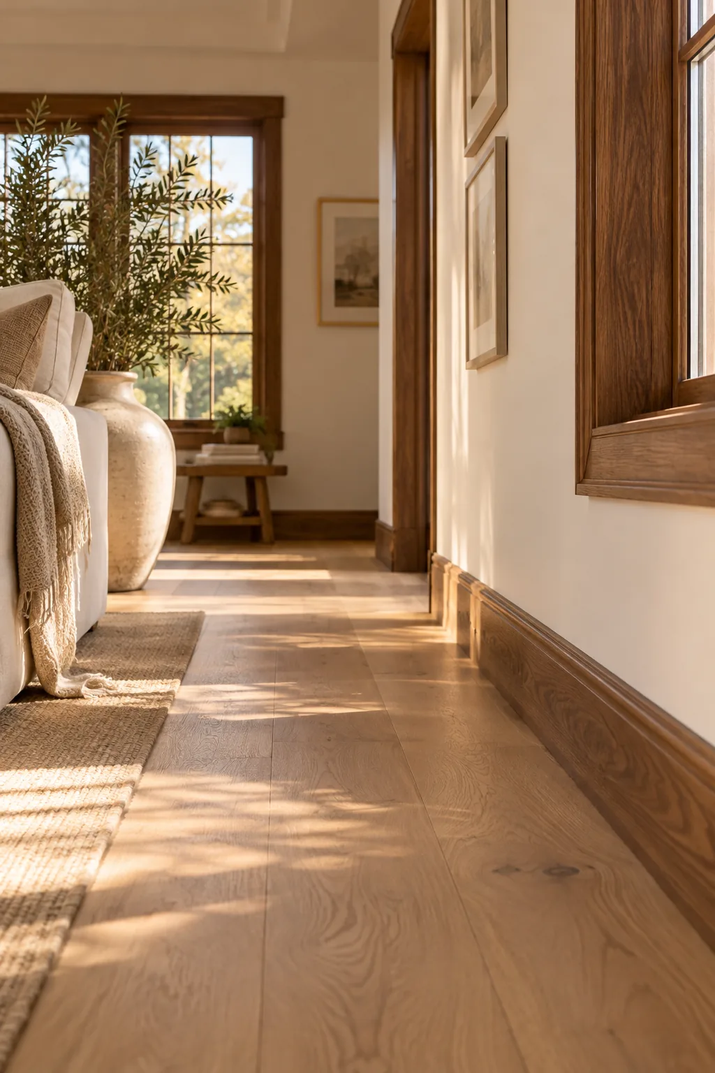 Living room with natural white oak stained baseboards and window casings