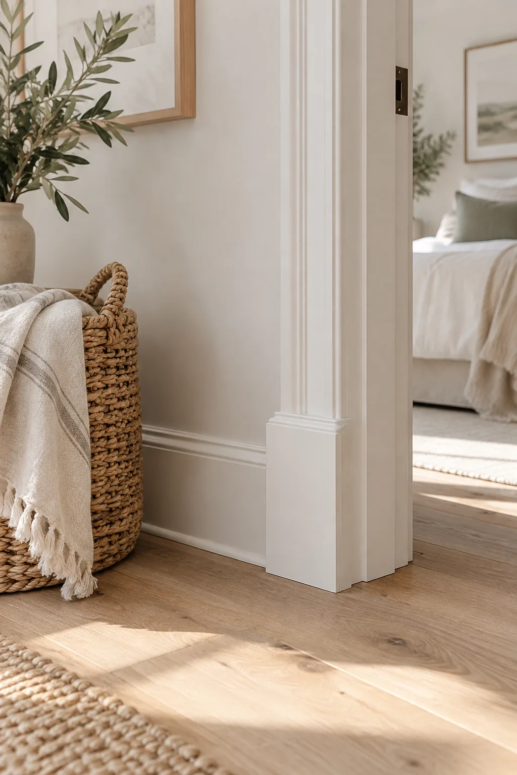 Close up of a wooden plinth block connecting a white baseboard to door casing