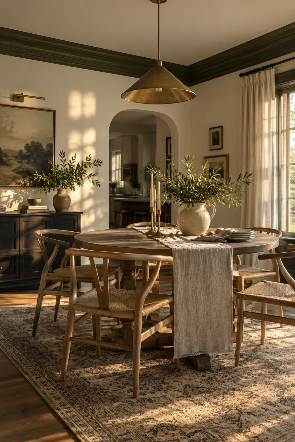 Dining room with white walls and a striking dark olive green crown molding