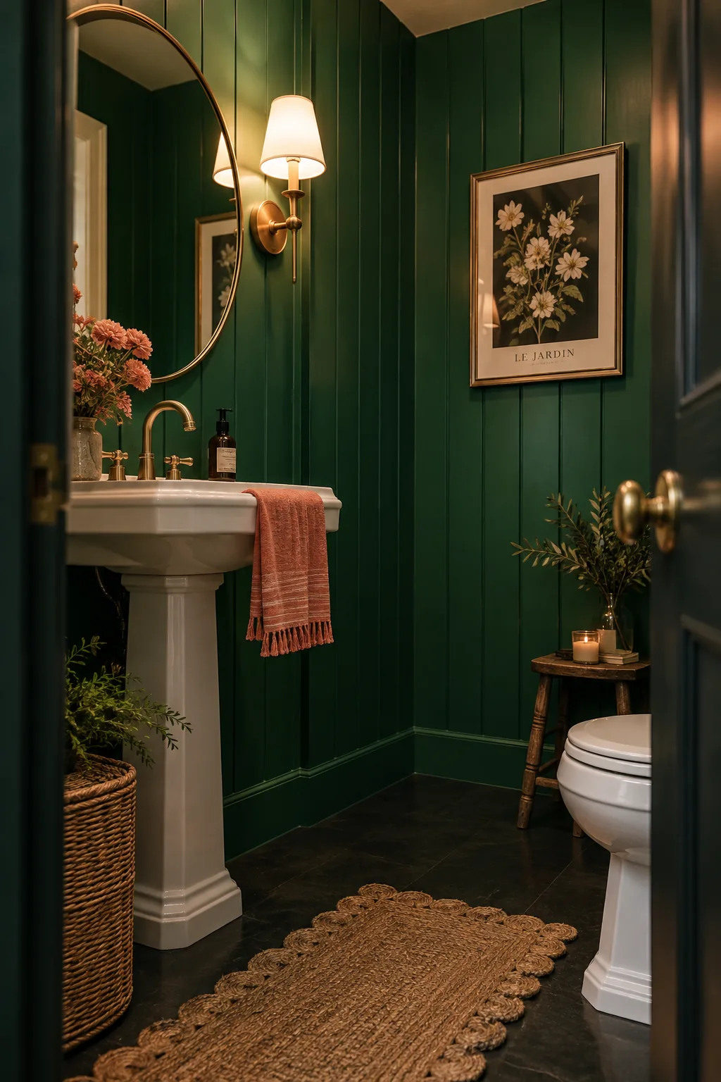 Powder room walls wrapped in dark green vertical v-groove wood paneling