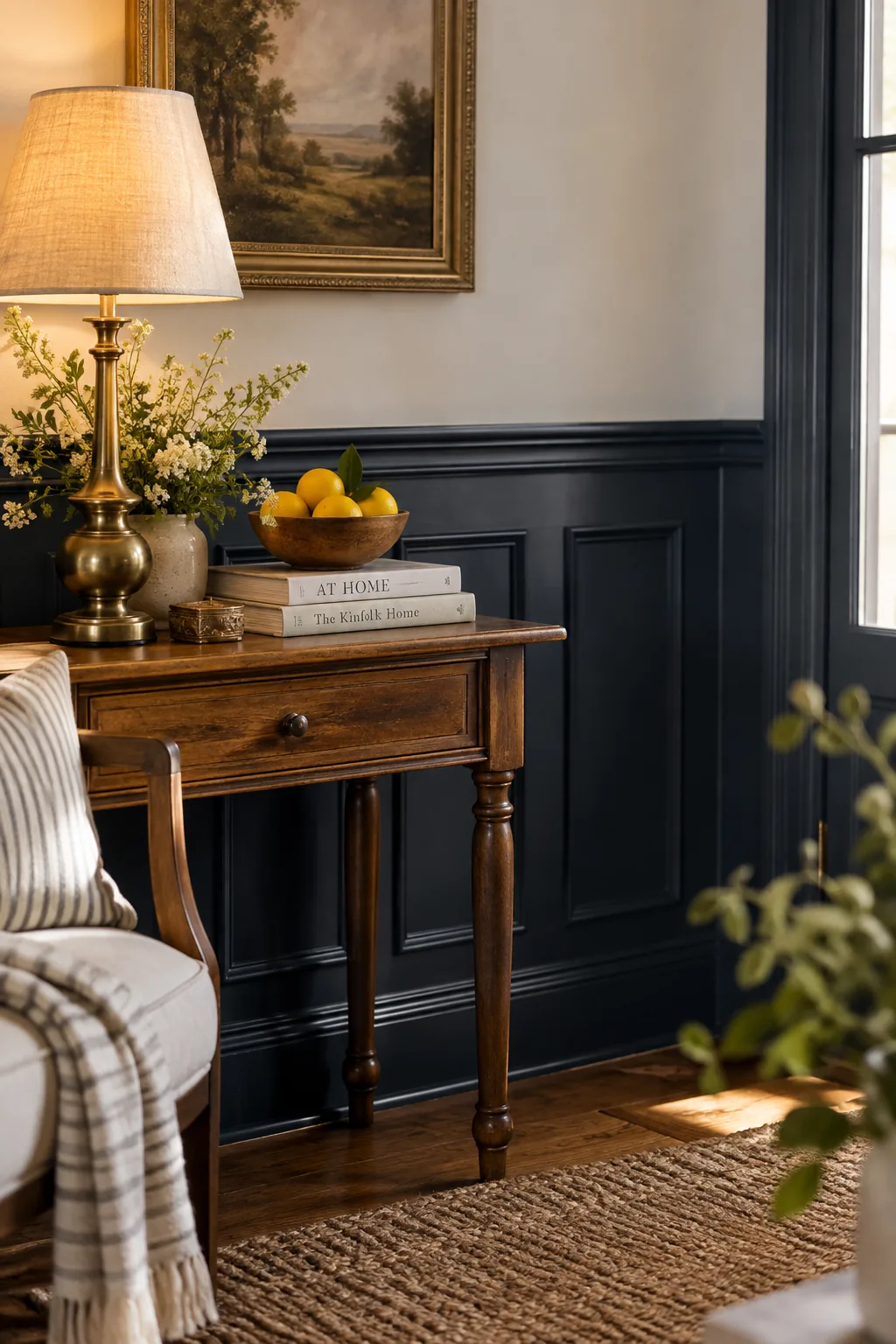 Hallway with dark painted wainscoting on the bottom and light walls above