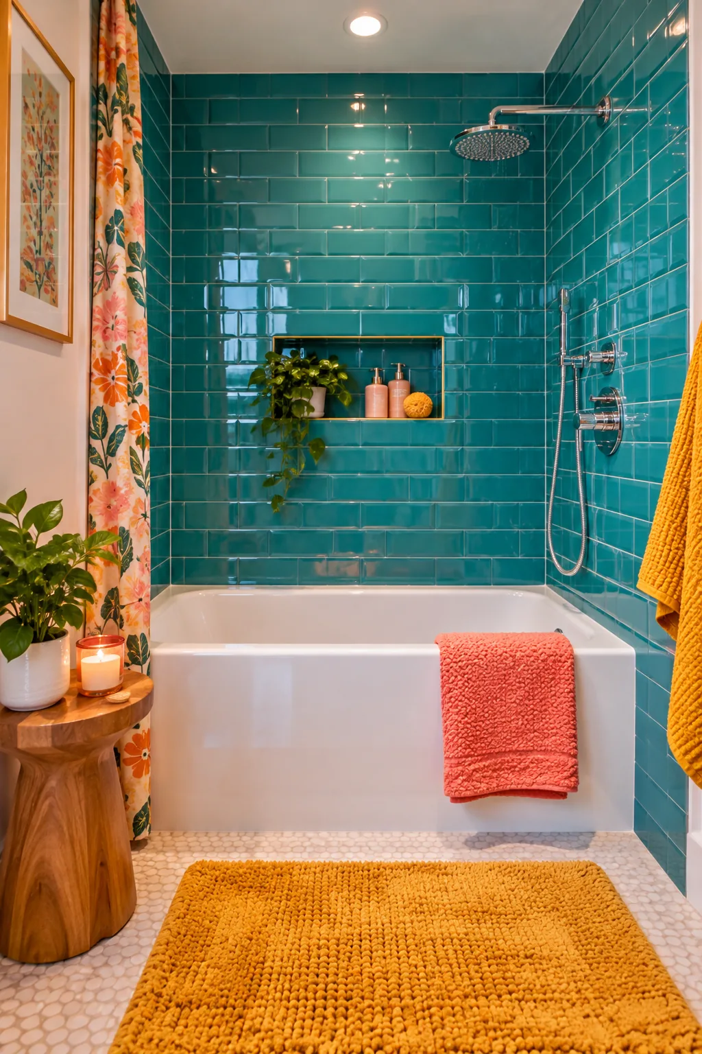 Compact wet room layout showing a bathtub and shower side by side with controls on the opposite wall