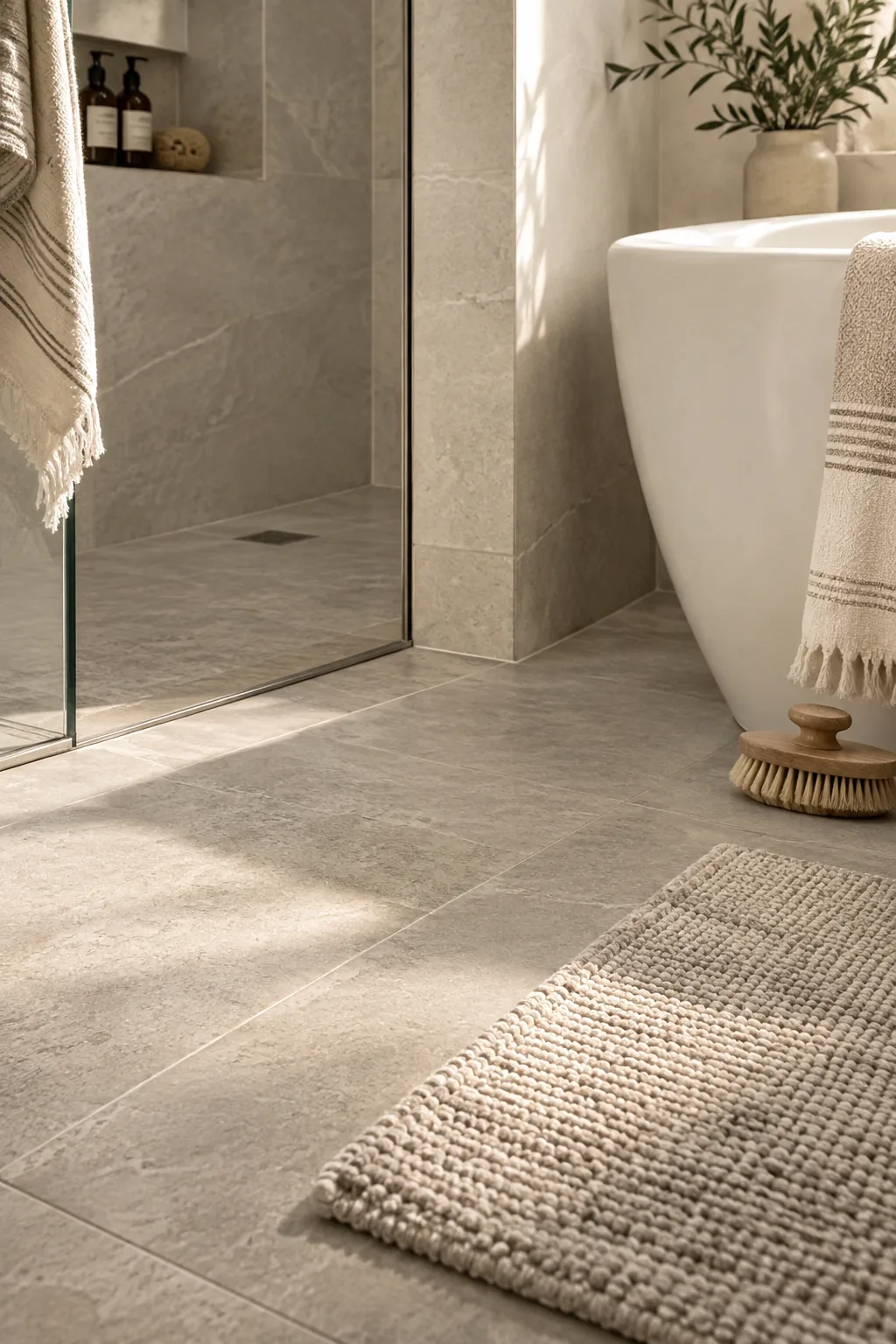 Seamless bathroom flooring extending directly into a curbless glass shower and tub enclosure