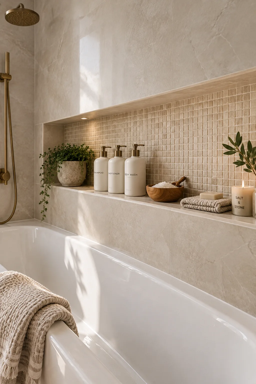 Long horizontal recessed wall niche filled with bath products inside a wet room