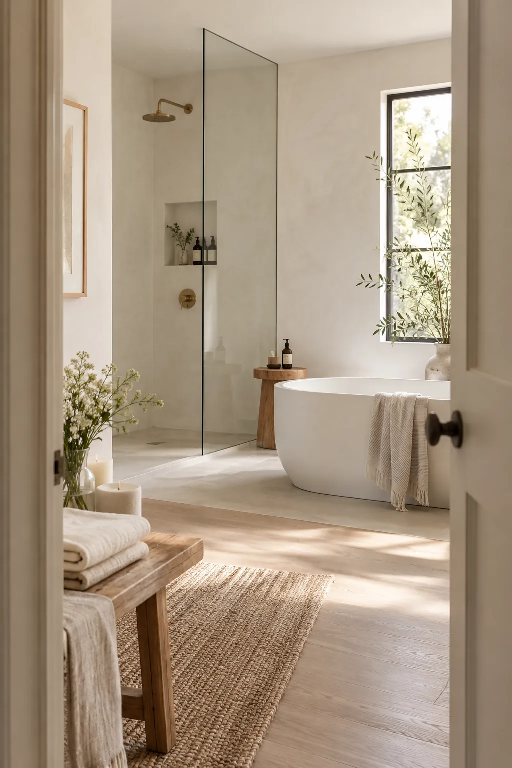 Walk-in wet room featuring a single fixed glass panel separating the tub and shower from the vanity