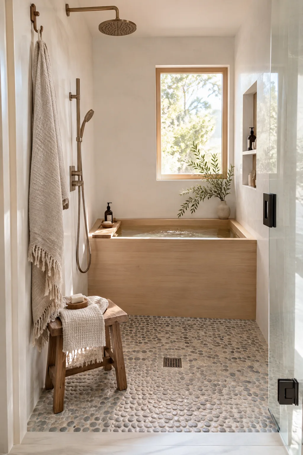 Deep, square Japanese soaking tub sitting in the corner of a narrow wet room shower