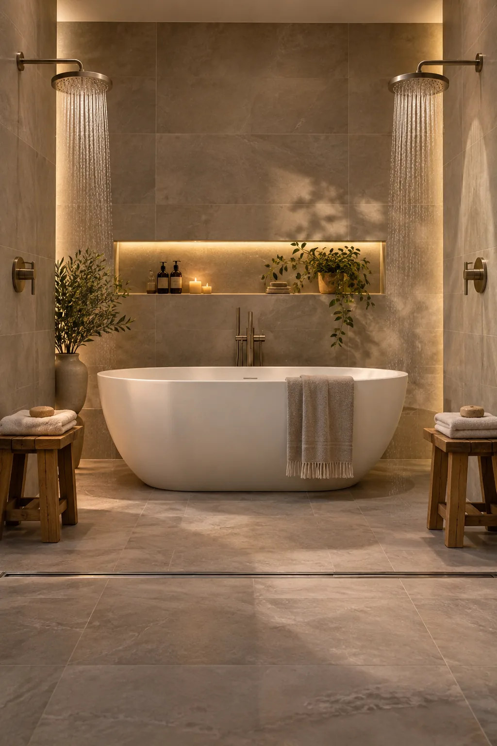 Symmetrical wet room with a central bathtub flanked by two identical shower heads on opposite walls