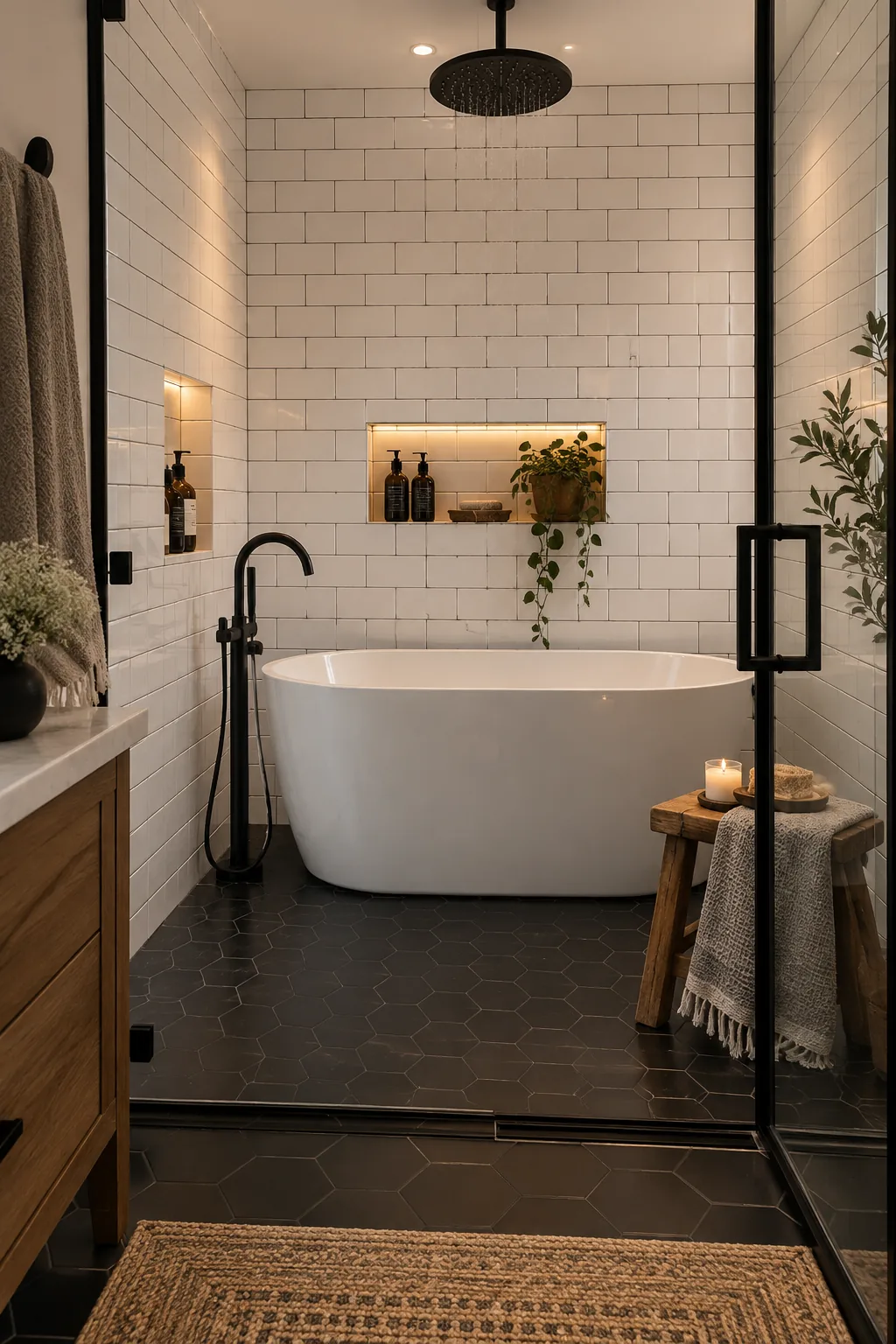 Matte black shower head and tub filler contrasting against bright white subway tiles in a wet room