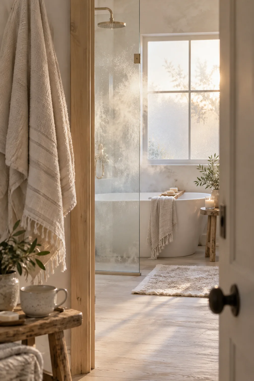 Sunlight streaming through a frosted privacy window located directly above a bathtub in a shower enclosure