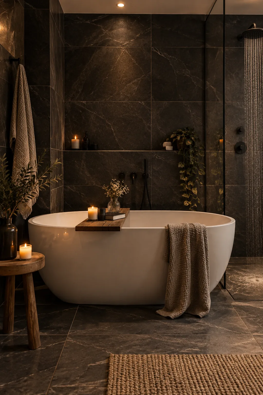 White freestanding tub standing out against dark slate tile walls in a moody wet room