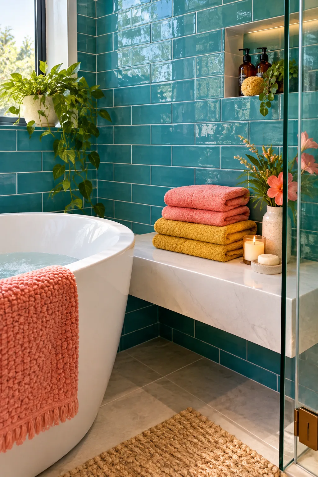 Floating quartz bench installed between a standing shower zone and a freestanding tub