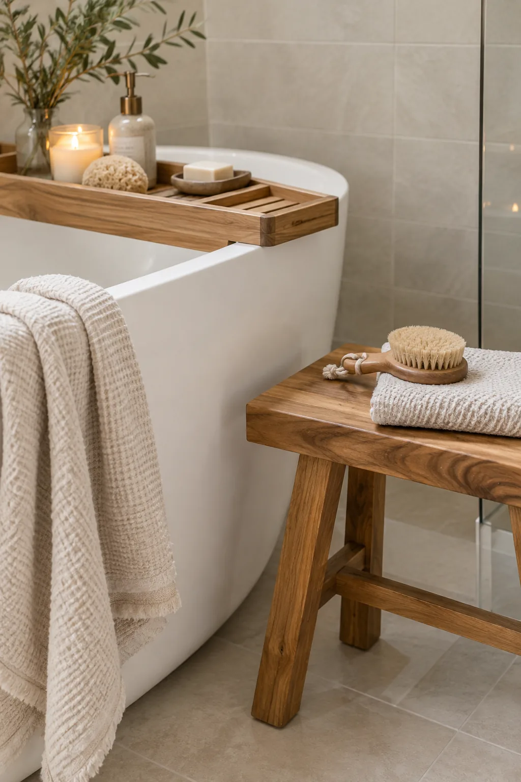 Wet room featuring a teak floor mat and a small cedar stool beside a white bathtub