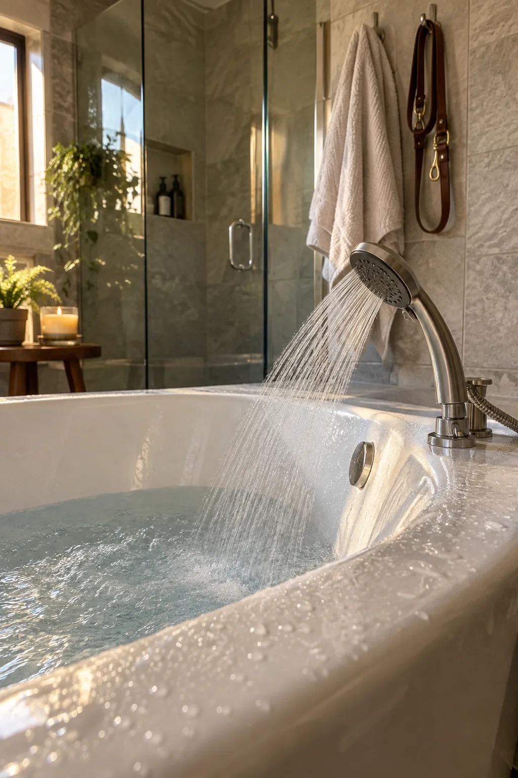 Close up of a metallic handheld shower sprayer mounted on the deck of a freestanding bathtub