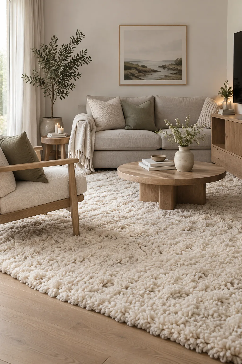 Large plush rug under a sectional sofa in a cozy TV room