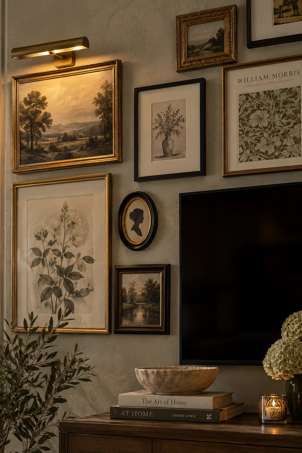 Flat screen TV surrounded by vintage art prints in mixed frames