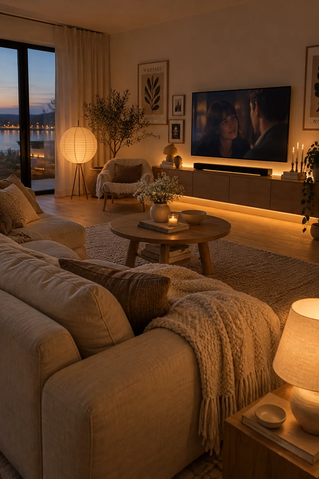 Cozy TV room illuminated by soft ambient lighting from lamps and sconces