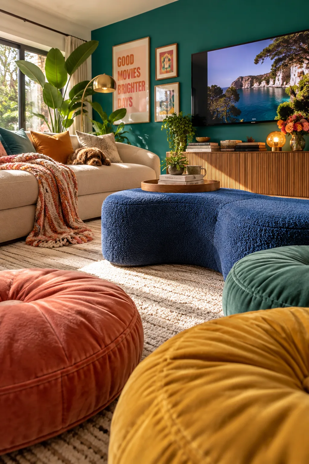 Round floor cushions and a curved ottoman in a modern TV room