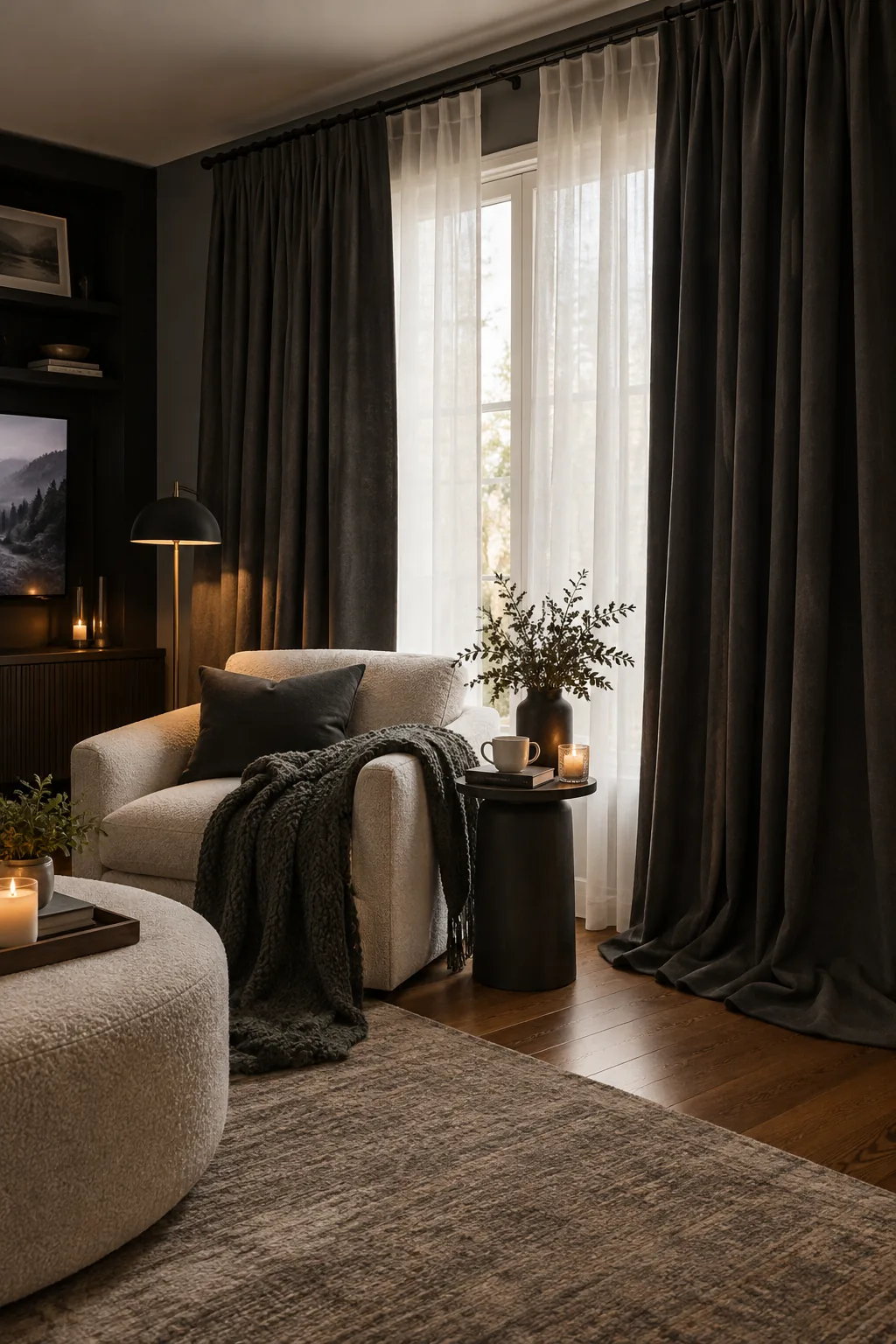 Floor to ceiling dark blackout curtains in a home theater room