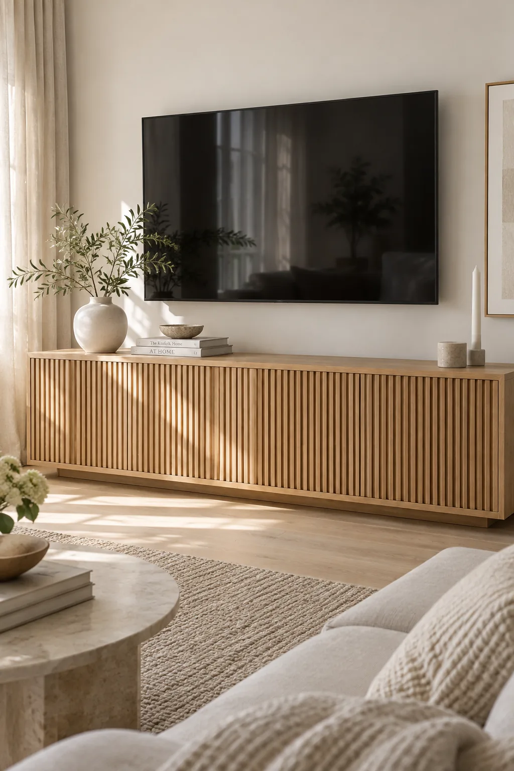 Media console with slatted wood doors hiding electronics