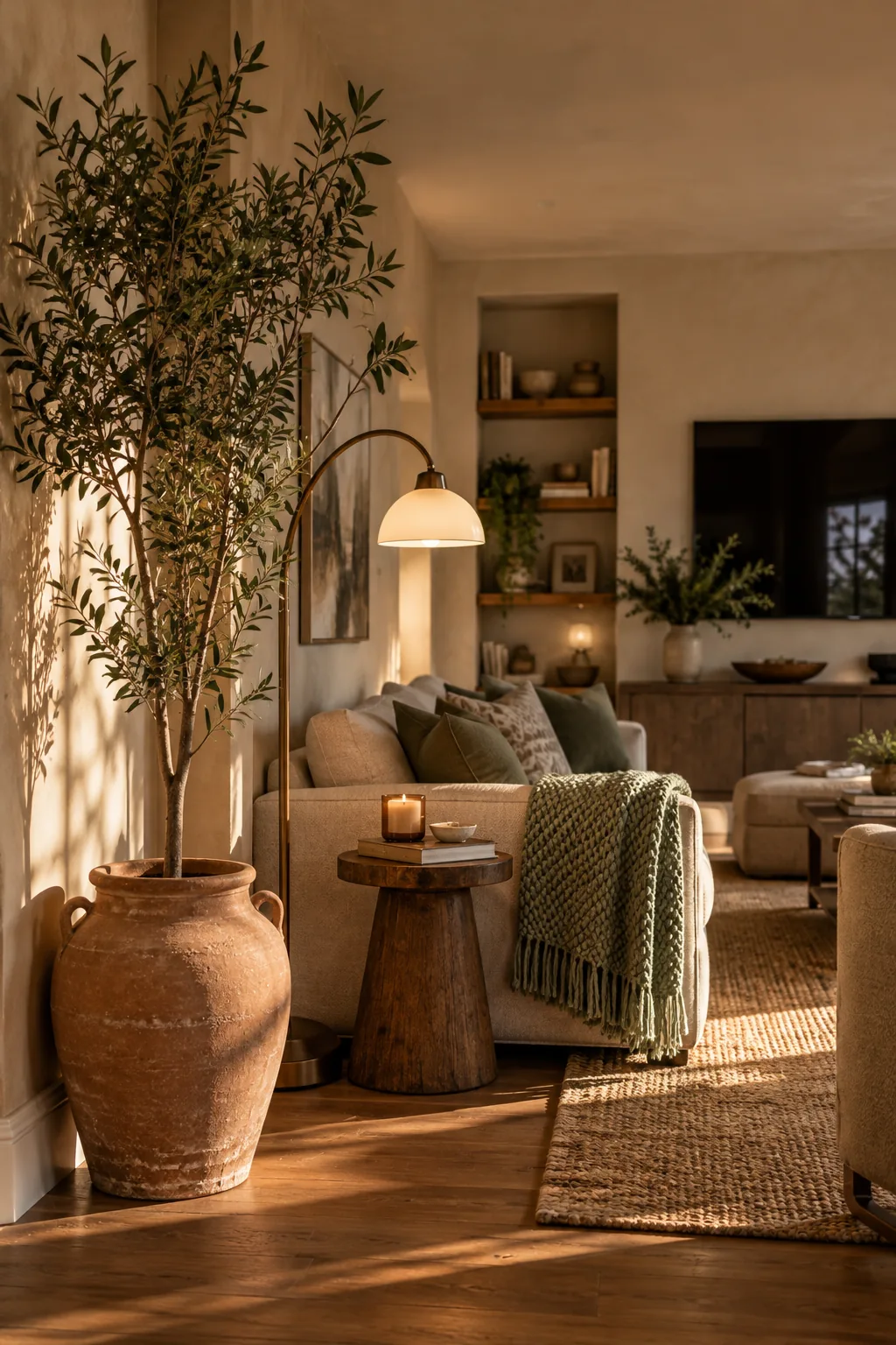 Tall potted olive tree in the corner of a cozy TV room