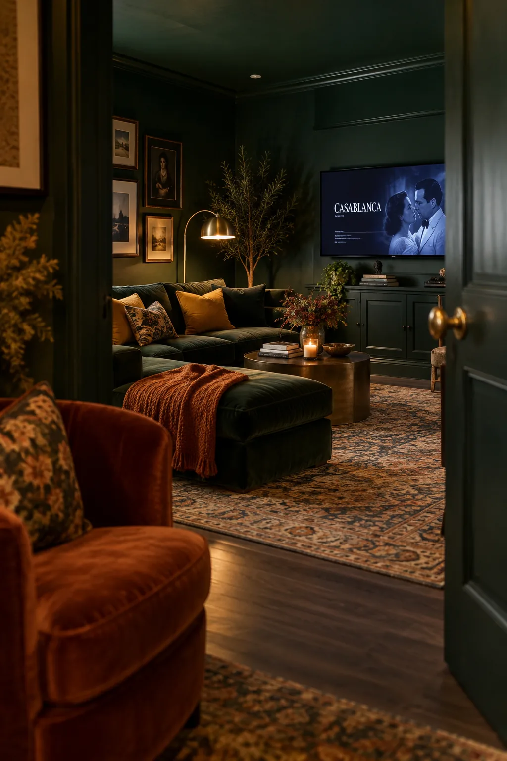 TV room painted entirely in dark charcoal gray including the trim