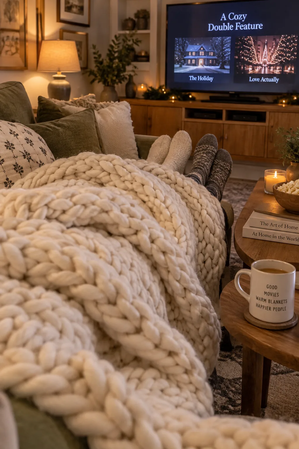 Oversized chunky knit throw blanket draped over a sectional sofa