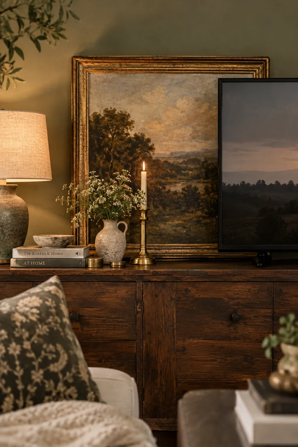 Vintage landscape painting leaning against a wall behind a TV