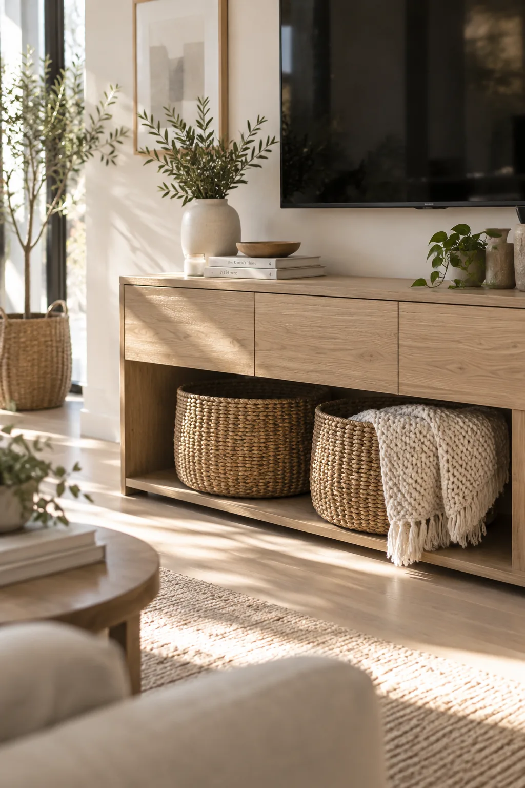 Round woven baskets tucked under a wooden TV stand