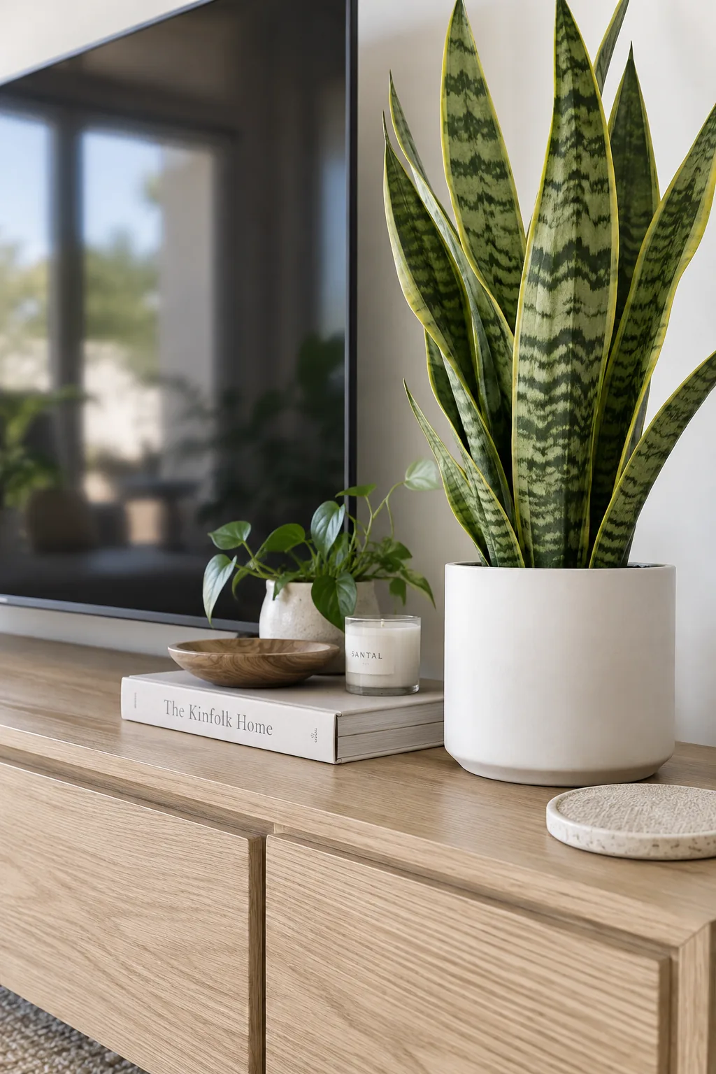 Tall snake plant next to a media cabinet