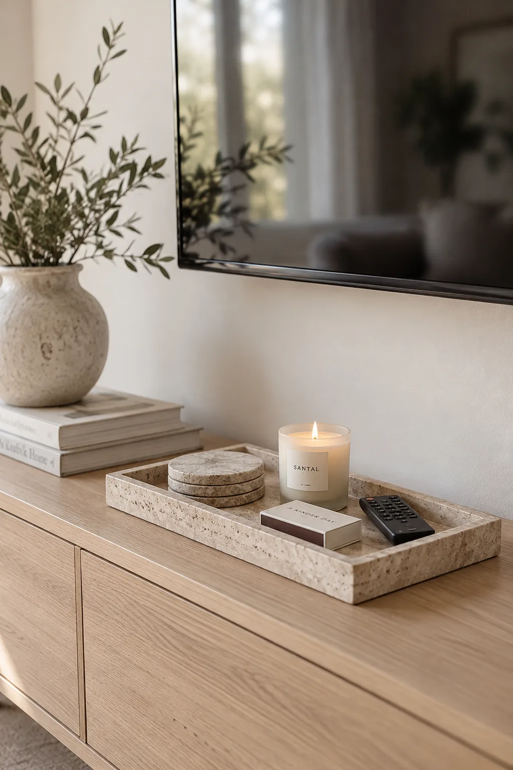 Marble tray holding matches and remotes on a TV stand