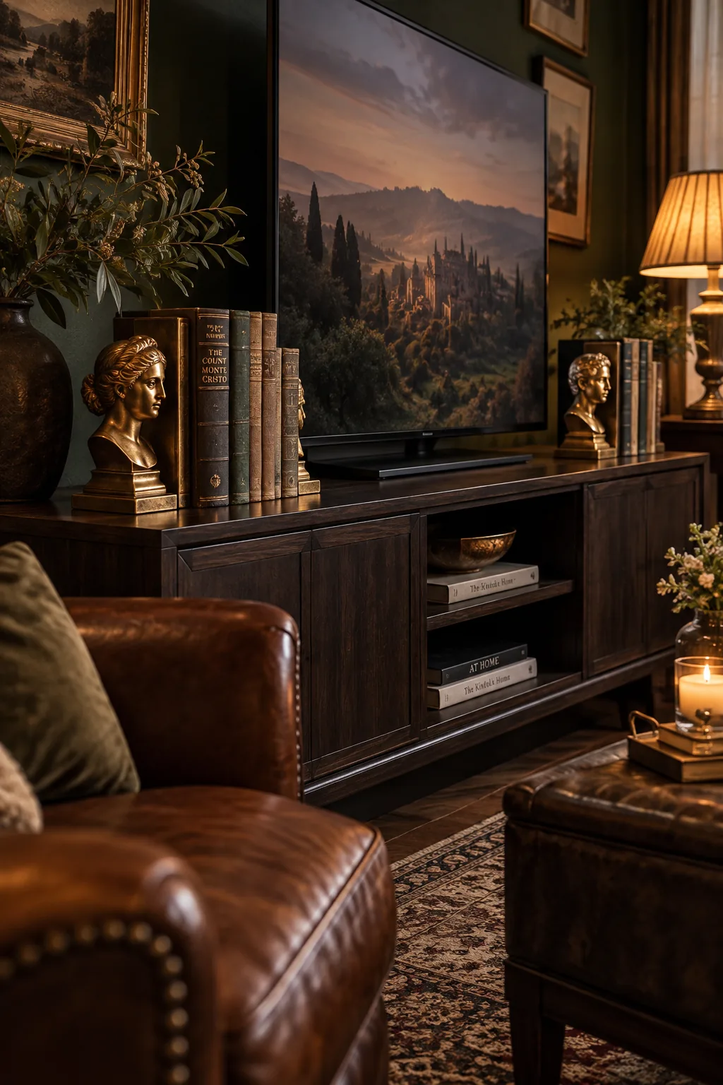 Antique brass bookends holding vintage novels next to a TV