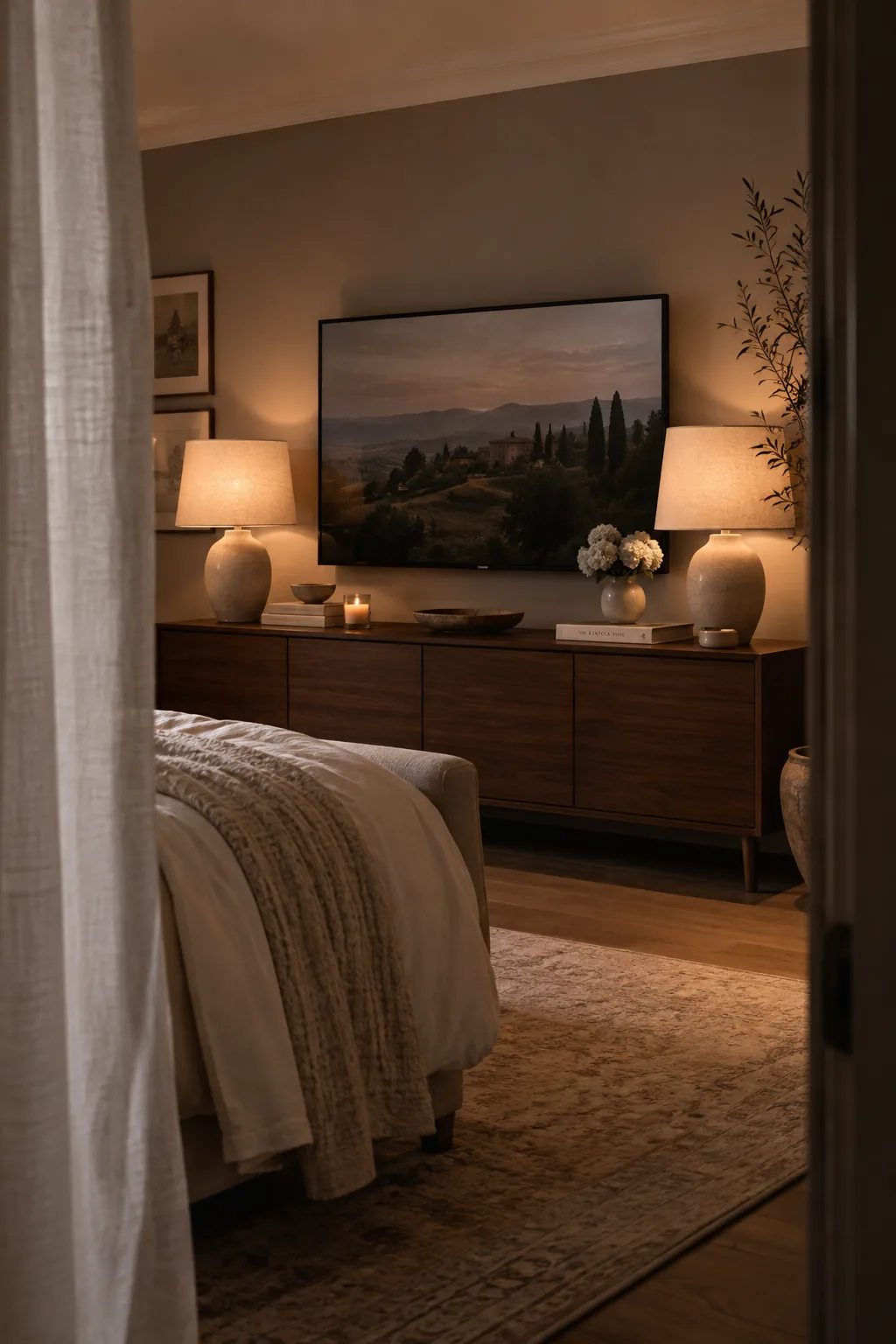 Matching ceramic table lamps on both ends of a TV console
