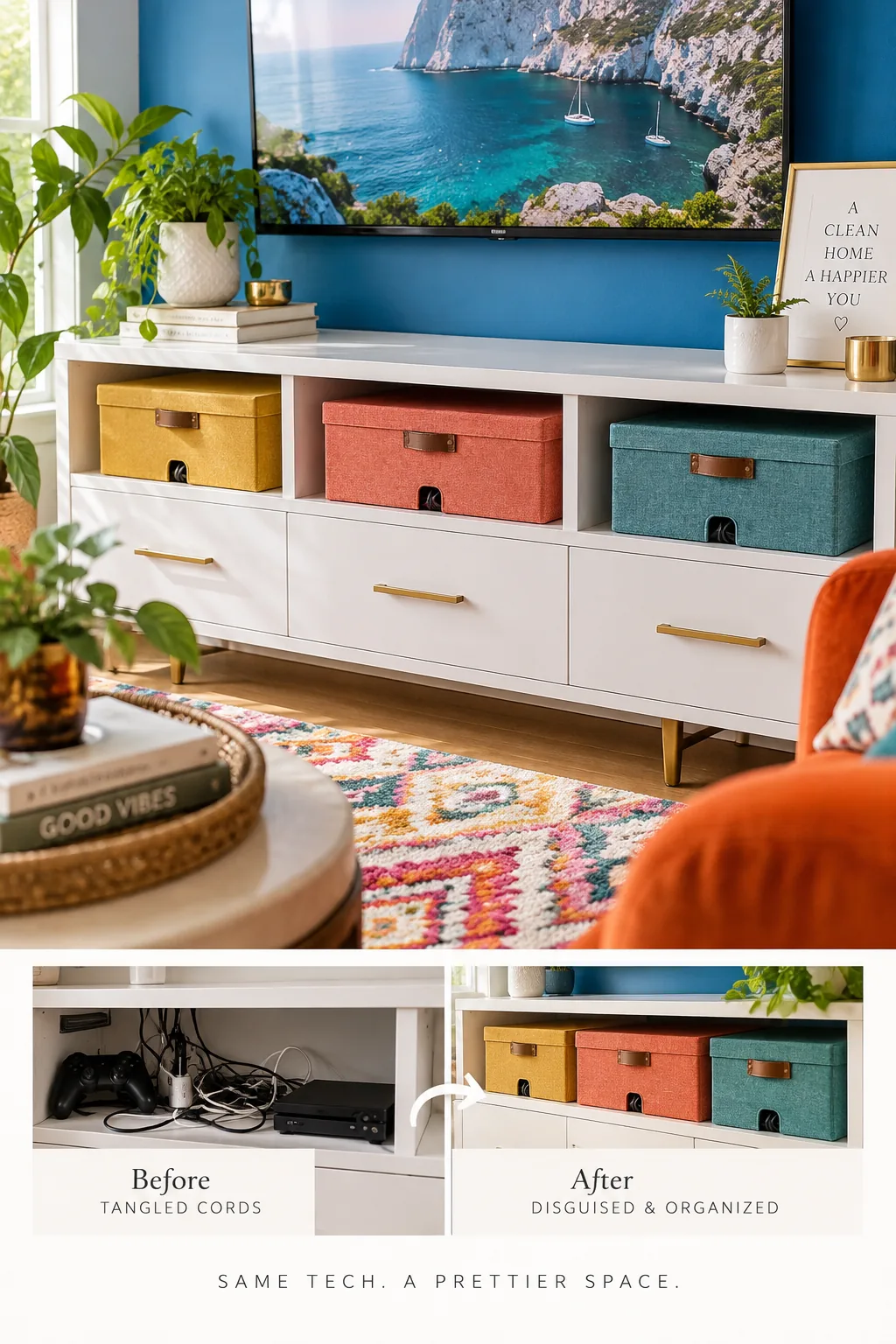 Linen storage box hiding cable cords on a media stand