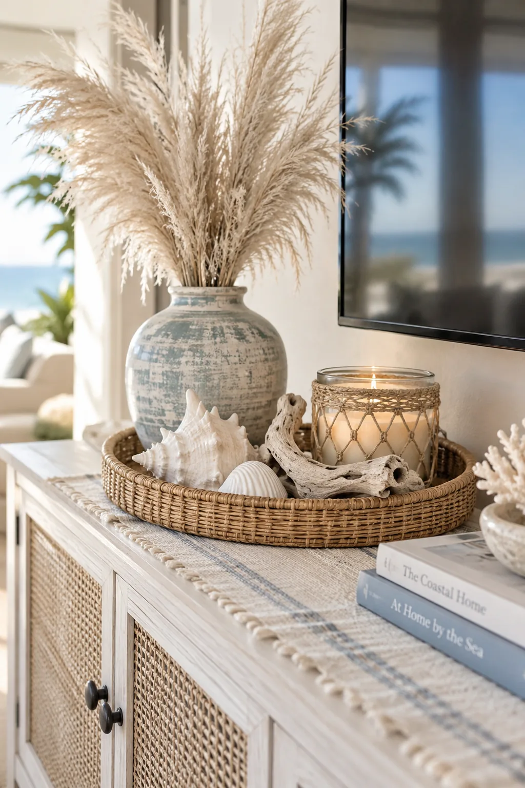 Driftwood and a seagrass catchall on a white TV stand
