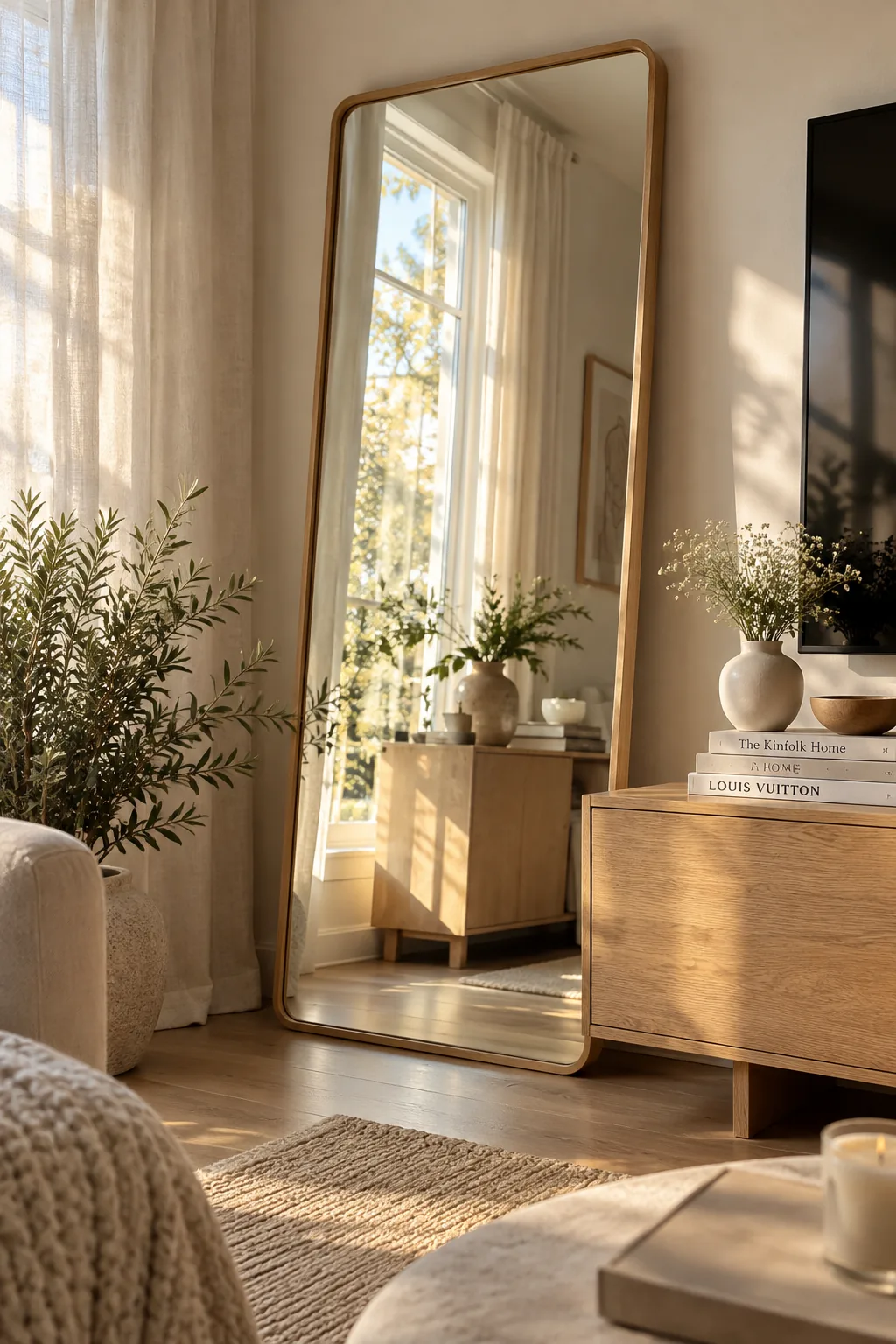 Tall floor mirror leaning next to an entertainment center