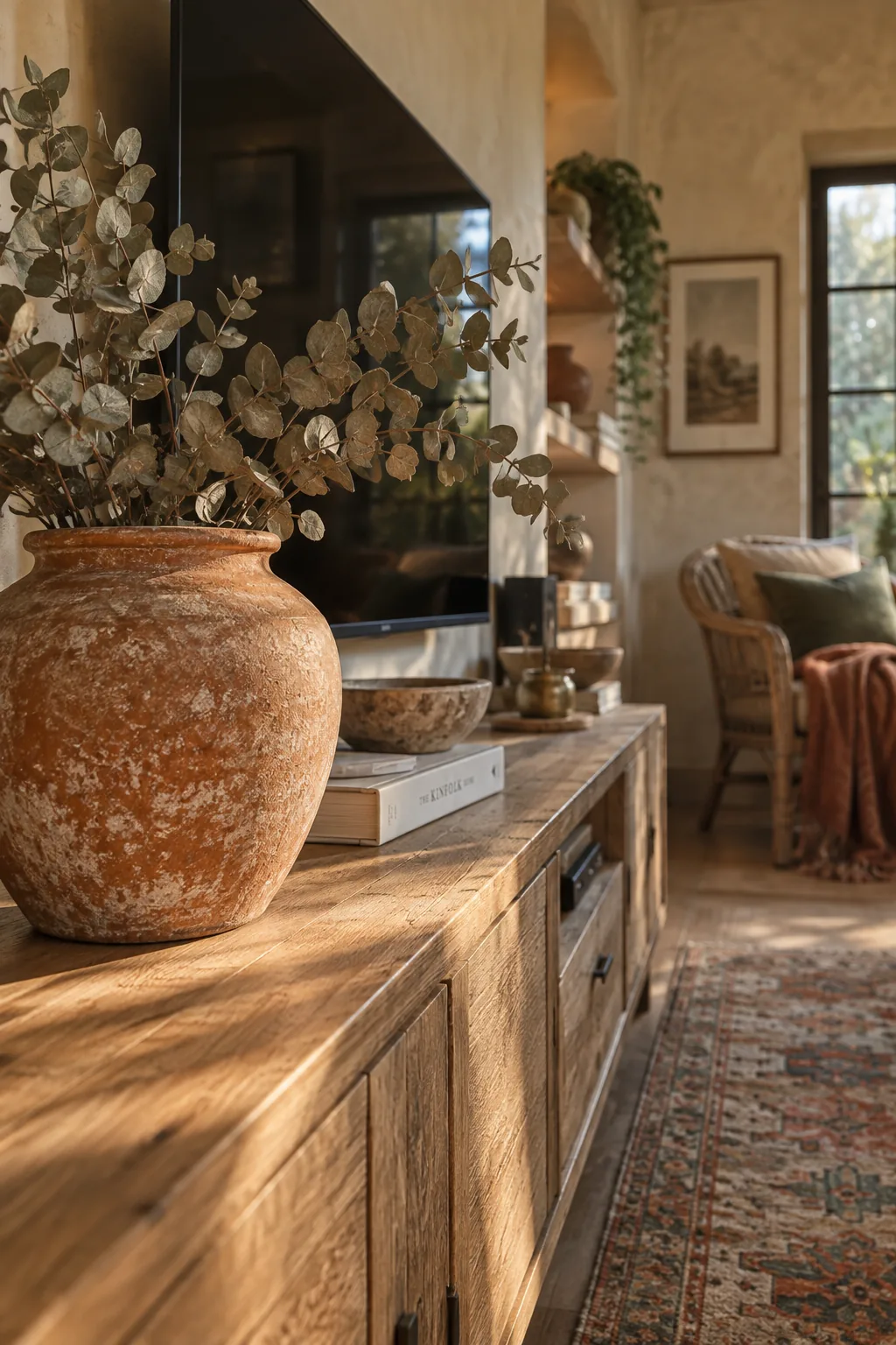 Weathered terracotta pot with dried eucalyptus on a console